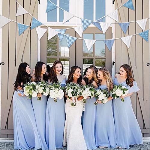 Image of Zwiebeco 32Ft Blue White Plaid Dot Fabric Bunting Banner Triangle Flags Cotton Garland Pennant for Birthday Wedding Baby Shower Engagement Tea Party Classroom Nursery Home Outdoor Garden Decorations