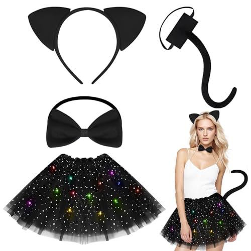 DIELIANHUA Katzenkostüm Damen, 4 PCS LED Katze Katzenkostüm Halloween, Damen Halloweens Kostüm Mädchen, Mit Haarband, Fliege und Schwanz, Geeignet...