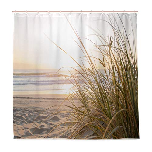 BKEOY Duschvorhang, Sonnenuntergang, Küste, Meer, Strand, Badevorhang, schimmelresistent, wasserdicht, waschbar, Polyester-Stoff, 183 x 183 cm, mit 12 Vorhanghaken