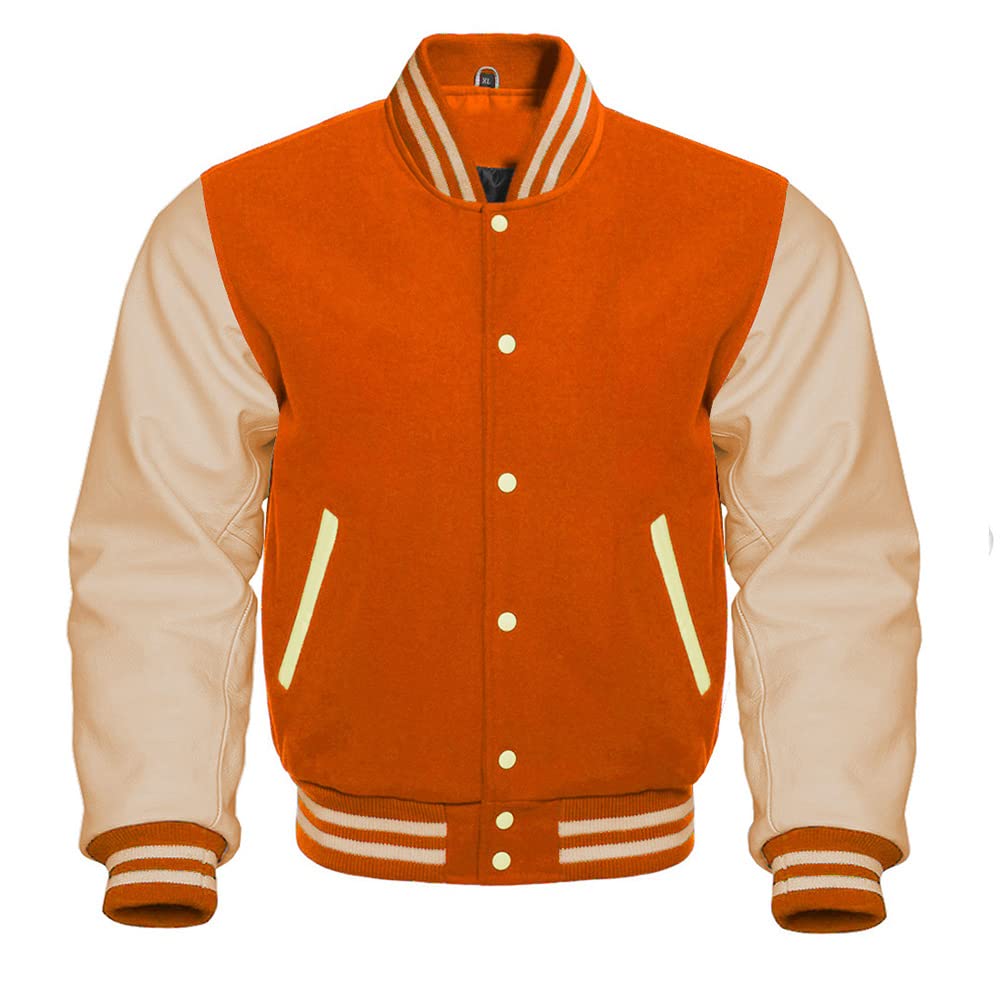 GenericLetterman Base Ball Varsity Jacket College Retro Orange Wool Body And Cream Leather Sleeves Jacket