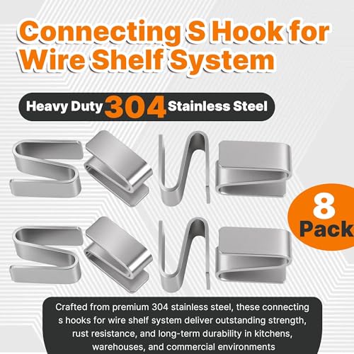Yudylg 8 Pack Connecting S Hook for Wire Shelf System,Wire Shelf S Hooks - Heavy Duty 304 Stainless Steel - for Warehouses Shopping Malls Garden Places