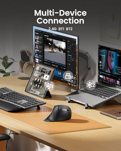 Image of ProtoArc EM11 NL Wireless Ergonomic Vertical Mouse, Rechargeable, Gray | 58 vertical design supports a natural wrist posture, connect 3 devices via Bluetooth /2.4G USB-A, 500mAh USB-C rechargeable.