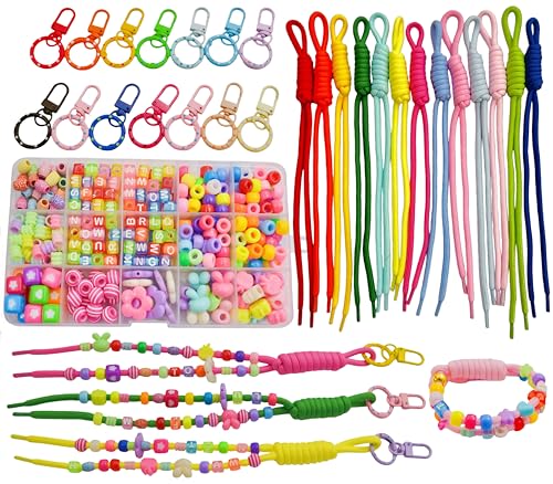DOFE 400+Pcs Beaded Keychain Kit for Women DIY Bag Charm& Bracelet Kit with Rainbow Beads & 14PCS Paracords Rope Colorful Key Ring Create Bag Charms Phone Straps Bag Charm Kit for Adult.