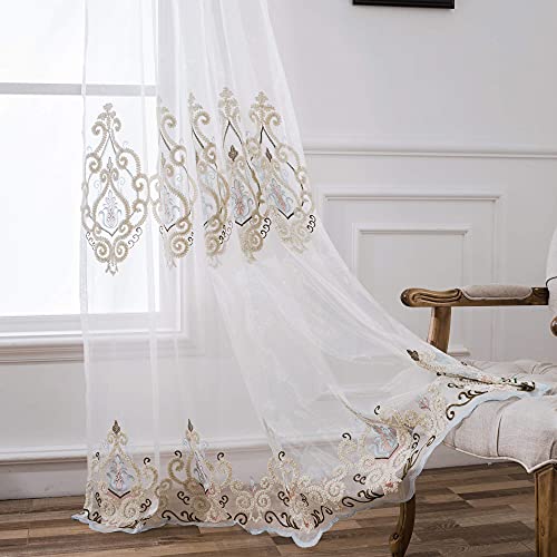 VOGOL Embroidered Semi Sheer Curtains 106 inches Long Grommet Window Treatment Voile Panel Drape for Living Room Bedroom and Dining Room, Two Panels, W60 x L106 inch
