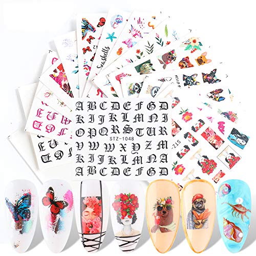 Gothic Letters/Dog/Butterfly Nails Water Stickers Decals Old English Design Nail Supplies Cartoon Animals Flower Lip Colorful Slider Decals Foils Tattoos Full Cover Wraps Manicure Tips 16 PCS