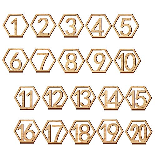 gotyou 1-20 Tarjeta Digital de Madera,Hexagonal Números de Mesa de Madera,con Base de Soporte,Recepción de la Boda Decoracion de Catering