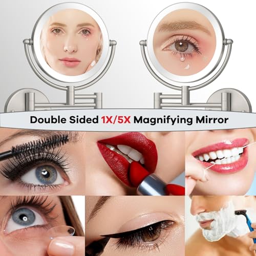Espejo de maquillaje de pared redondo iluminado recargable 8 pulg miniatura 3