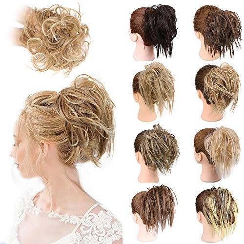 1PCS Messy Hair Bun Hair Scrunchies Extension Curly Wavy Messy Synthetic Chignon for women Updo Hairpiece (Tousled Scrunchie-27/613#(Strawberry Blonde & Bleach Blond Mixed))