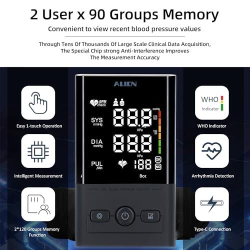 Image of Arm Blood Pressure Monitor Dual User 2x90 Memories Blood Pressure Machine Voice Broadcast with (8.5 inch-16.5 inch) Cuff Size 4*AAA Batteries 5V & 1A Type C USB Port