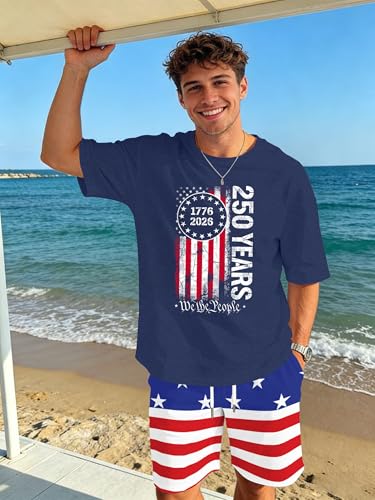 Image of Ithalt Patriotic Shirts for Men 4th of July Outfit 2 Piece Set Short Sleeve and Shorts American Flag 250th Anniversary