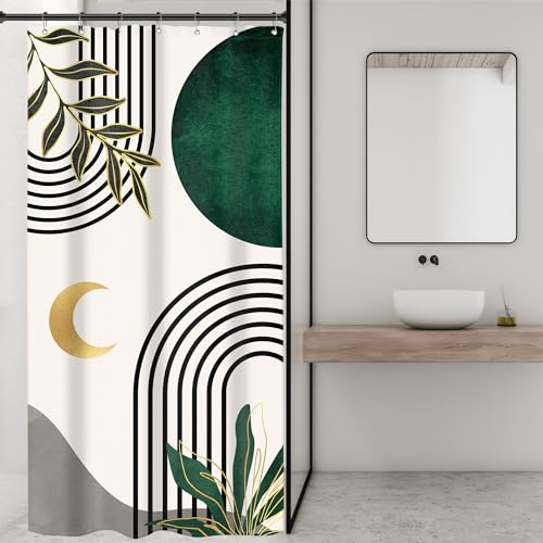Image of Riyidecor Small Stall Bohemian Mid Century Shower Curtain Abstract Simple Arch Leaves 36Wx72H Inch Rv Narrow Modern Contemporary Moon Green Gold Fabric Decor Bathroom Polyester Waterproof Hooks
