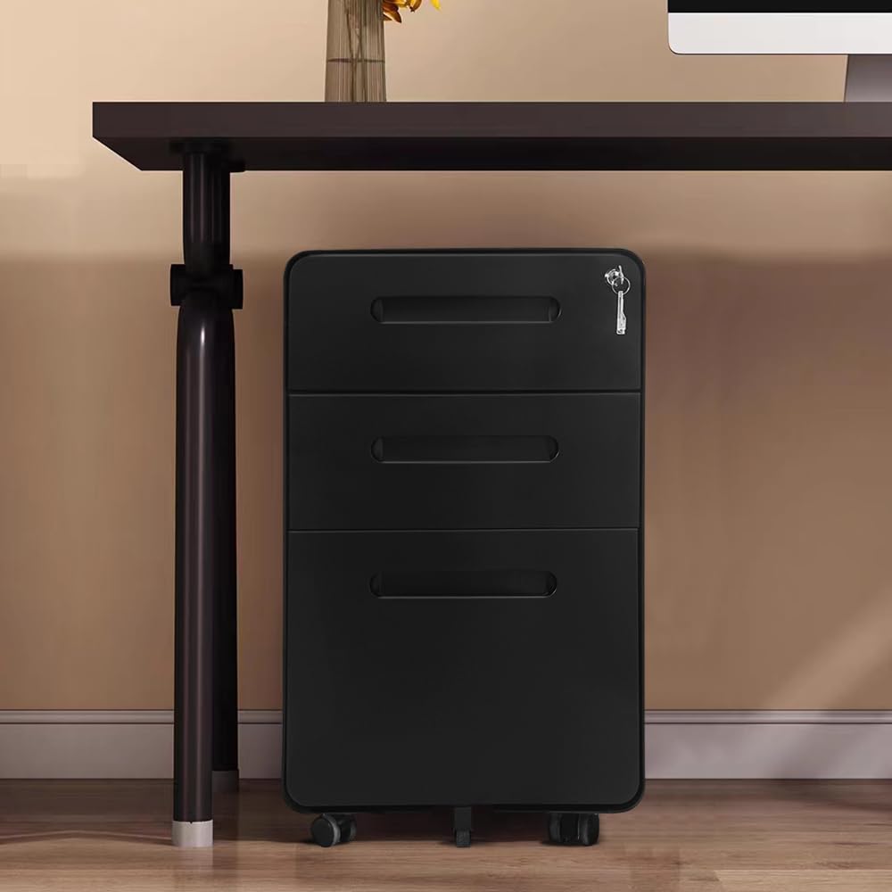 Panana Modern 3-Drawer Locking Mobile File Cabinet Metal Storage Cabient Chest of Drawers Side Table with Wheels (ModelB:Large 3 Drawer, Black)