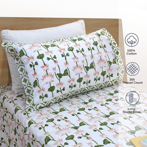 Image of TOAI Hand Block Printed Jaipuri Bedsheet | Bed Sheet Flatsheet | Pure Cotton | Single Bed 60 inchx90 inch | 300 TC Bedsheets | Includes 1 Pillow Cover |Orange Pink Lotus Vines