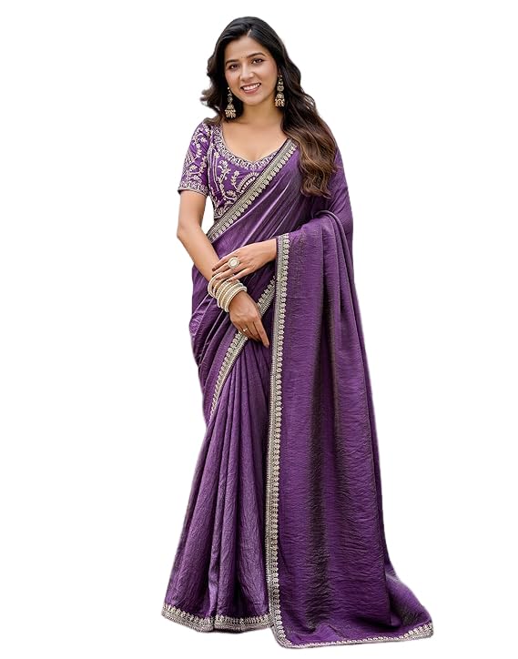 Image of SIRIL Women's Shimmer Silk Sequence Embroidery Lace two Tone Saree With Embroidery Unstitched Blouse Piece