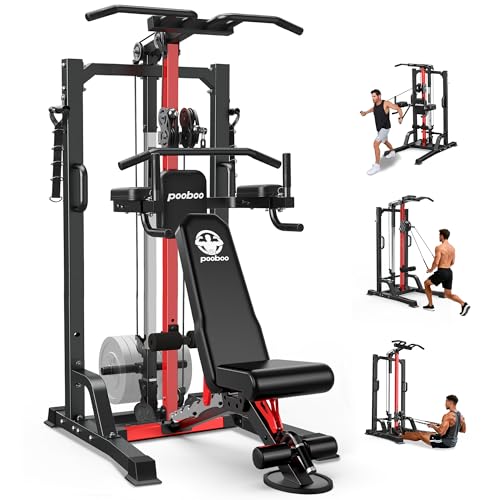 Pull Up Bar Power Tower Dip Station,Cable Machine-Integrated 450LBS Multi-Function Adjustable Height Fitness Strength Training Equipment for Home Gym Strength Training Equipment (Black Plus)