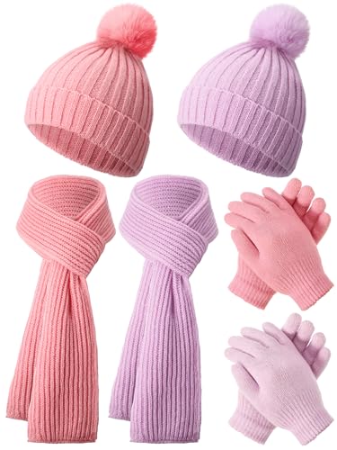 JaGely 2 Sets Kids Winter Hat Gloves Scarf Set Girls and Boys Knit Hat with Pom Warm Scarf Snow Gloves for 3-10 Years Toddler