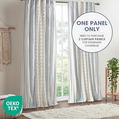 Image of Ink+Ivy Boho Curtain for Bedroom Single Panel Window Curtain for Living Room, 100% Cotton Tufted Chenille Stripe Modern Farmhouse Curtain Light Filtering Drape for Bedroom, 50 inch x 84 inch, Ivory /Navy