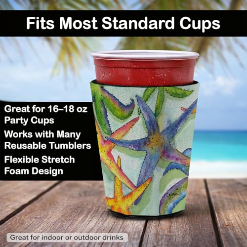 Image of Caroline's Treasures 8542RSC Starfish Red Cup Hugger Cup Cooler Sleeve Hugger Machine Washable Drink Sleeve Hugger Collapsible Insulator Beverage Insulated Holder