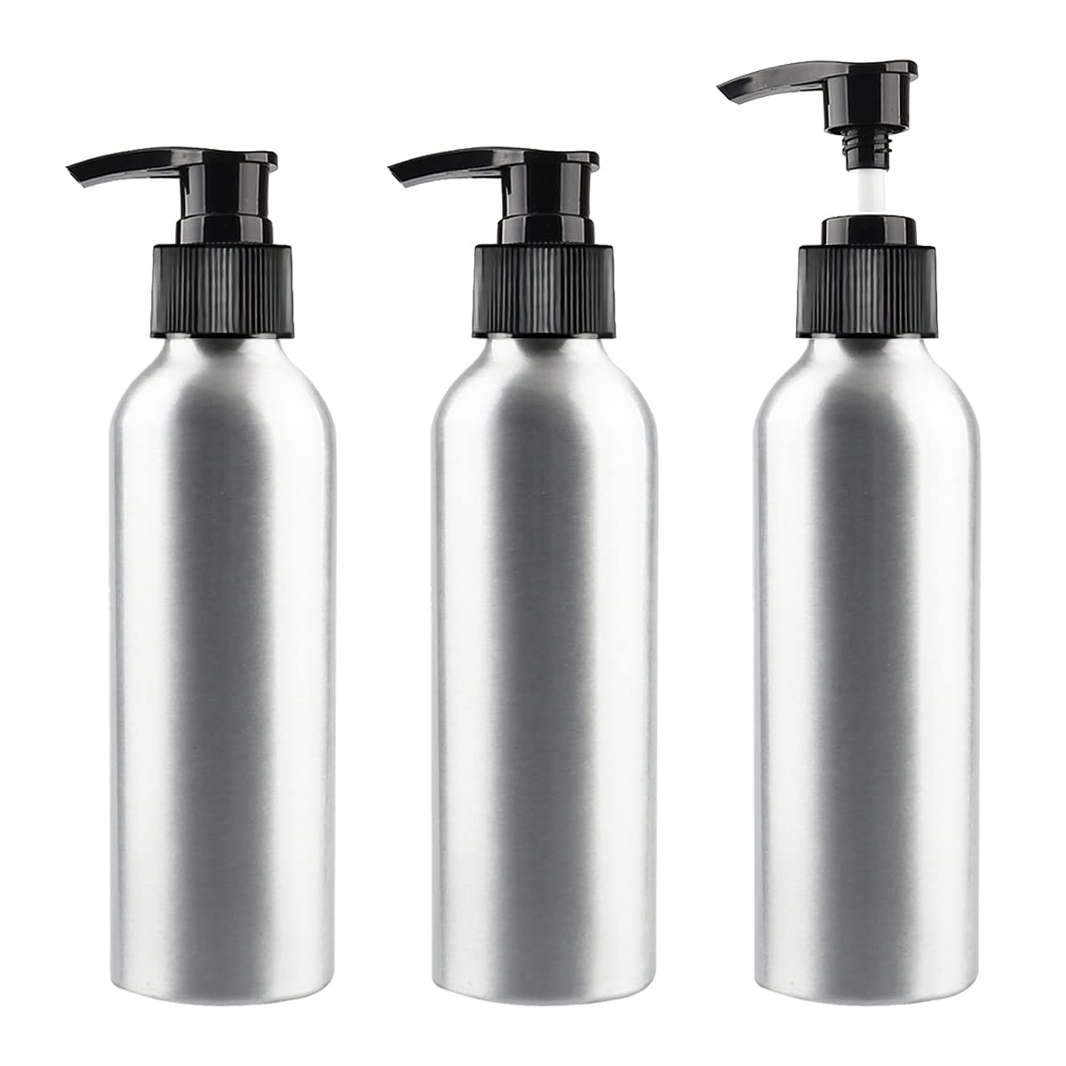 ZEOABSY 3 Pieces Empty 150ml Silver Aluminium Lotion Pump Bottle, Aluminum Bottles with Black Pump Head, Travel Metal Bottles for Cosmetic Shampoo Body Washing Gel Essential Oil Liquid Dispenser