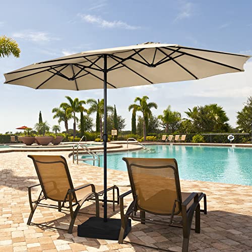 Image of Tangkula 15FT Double-Sided Patio Umbrella with Base, Extra-Large Market Umbrella W /Crank System, Outdoor Twin Umbrella W / 12-Rib Metal Structure & Air Vents for Garden, Backyard, Poolside (Beige)