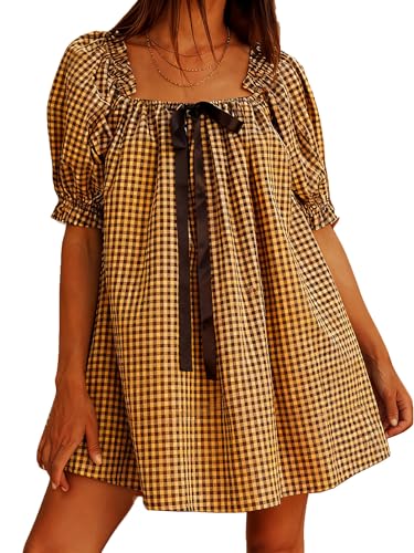 Image of Women Y2k Puff Sleeve Babydoll Dresses Square Neck Tie Back Mini Dress Summer Solid Off Shoulder Flowy Sundress