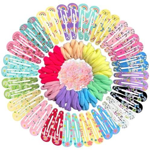 KEYRI 340 Piezas Horquillas Pelo Horquilla Estampada Bandas de Goma Duraderas Pasadores de Pelo Coloridos Pinza Pelo Clips Pelo Accesorios para el Cabello para Niñas (40 Pinzas Pelo+300 Goma)