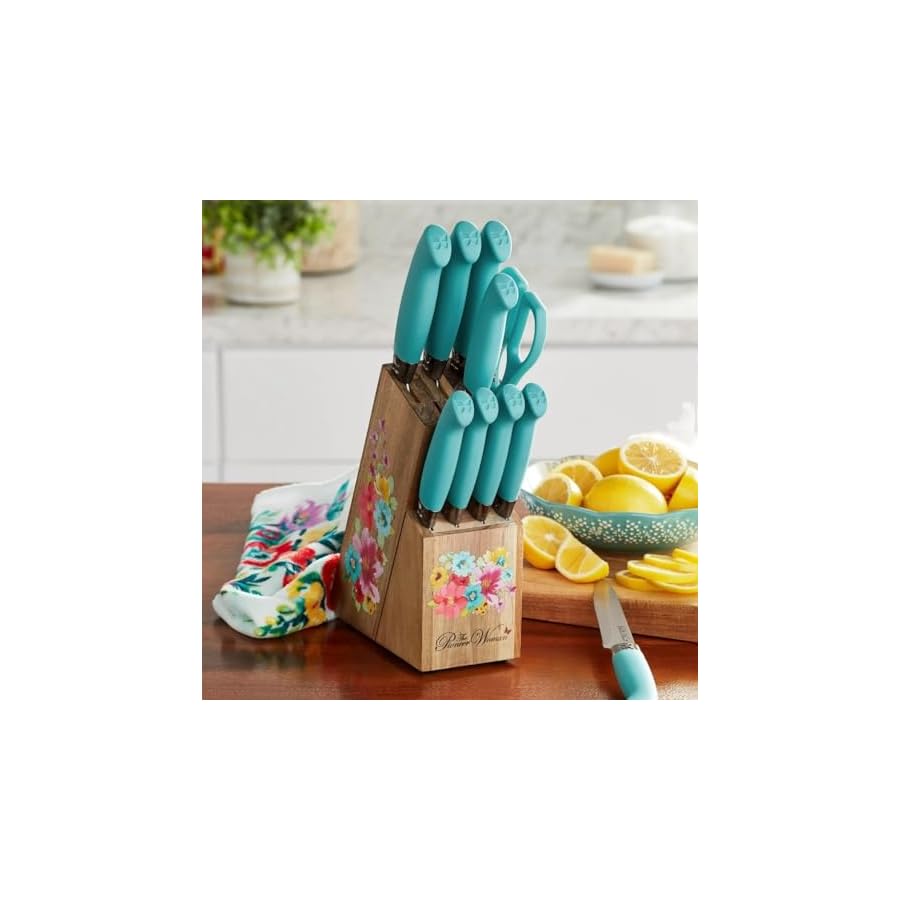 Pioneer Woman Teal 11-Piece Stainless Steel Knife Block Set, Breezy Blossoms