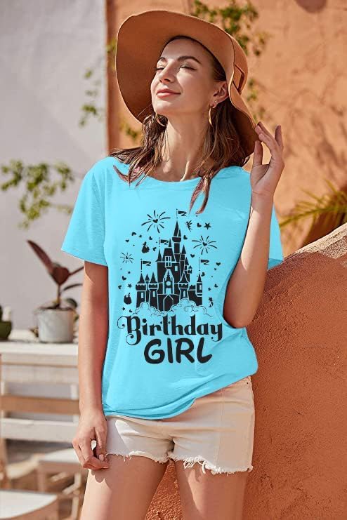 Image of Dapiaoliang Birthday Crew Shirts for Women Vintage Magic Castle Graphic Print Happy Birthday T Shirt Summer Casual Short Sleeve Loose Fit Plus Size Magical Tee Tops(Lake Blue XXL), XX-Large
