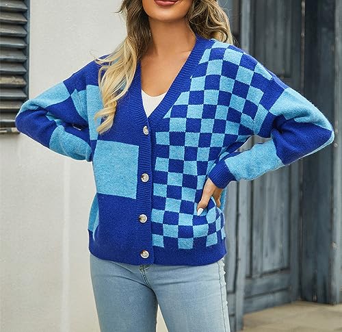 Image of Womens Color Block Plaid Button Down Cardigan Long Sleeve Cable Knit Checkered Sweaters Tops Y2k Aesthetic Clothes