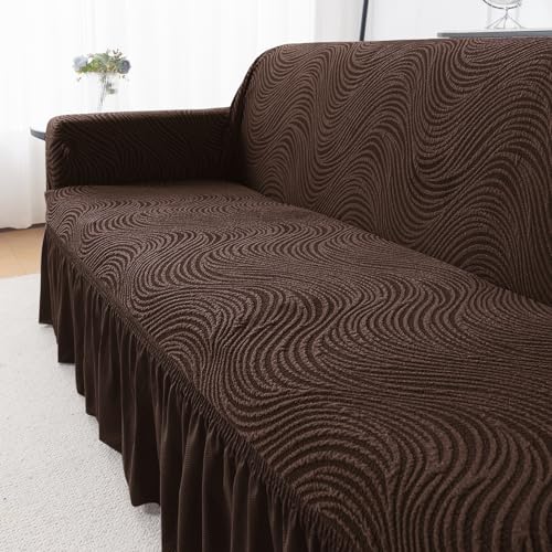 Image of HOKIPO 3 Seater Sofa Cover with Frill - 240 GSM Premium Jacquard Stretchable Fully Covered Slipcover,' Serene Wave Series' Dark Chocolate (AR-6354-DCHOC)
