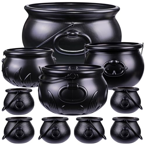 DIYDEC 10 in 1 (12.8', 9.8', 7.6', 5.7', 2.7') Package Halloween Large Cauldron, Black Plastic Witch Cauldron Kettle Candy Holder for Halloween & St. Patrick’s Day Party Favors Decor