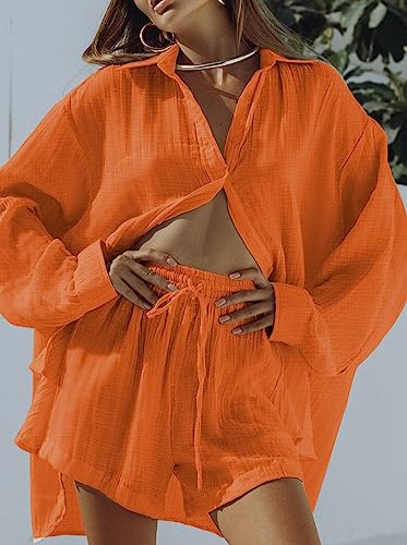 Image of Fixmatti Women 2 Piece Outfits Long Sleeve Button Down Blouse and Shorts Sweatsuit Sets