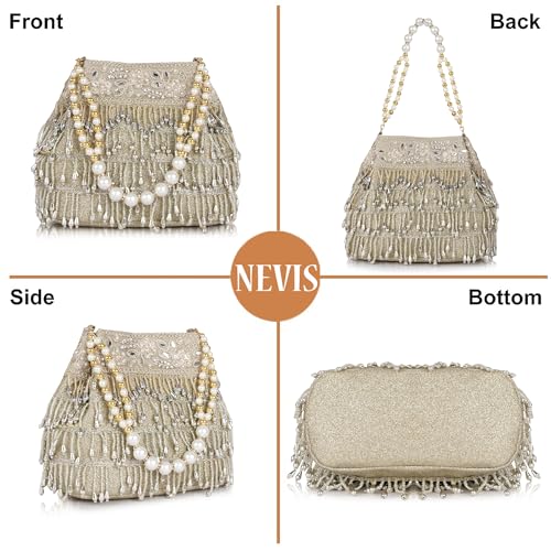 Image of Nevis PU Silk Women's Pearl & Bead Embellished Potli Bag with Beaded Handle | Designe Wedding & Festive Handbag