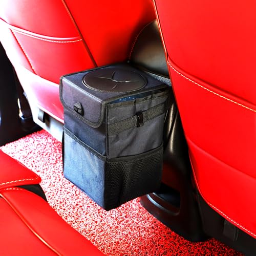 Image of LUO&GEFIK Car Trash Can with Steel Bars & Leak-Proof Lining - Foldable 2 Gal Vehicle Garbage Bin, Adjustable Strap for SUV /Truck, Storage Pockets for Car Organizing (Black).