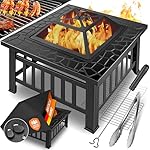 KESSER-Feuerstelle-mit-Grillrost-Grillzange-Feuerschale-82x82x50cm-3in1-Multifunktional-Fire-Pit-fur-HeizungBBQ-Grill-Garten-Terrasse-Metall-Feuerkorb-mit-Schutzhulle-Schurhaken-Funkenschutz