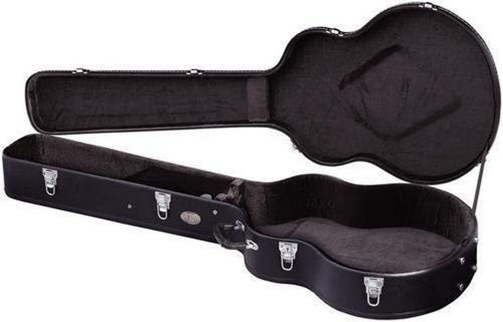 GEWA Gitarrenetui Jumbo/Jazzgitarre Flat Top Economy - Holzkern - flacher Deckel - mattschwarzer Kunstlederbezug - verchromte Schlösser - Zubehörfach - innen schwarzer Samt - Kunststoff-Griff