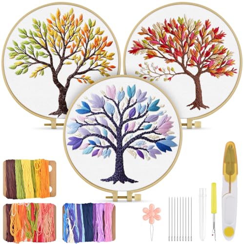 Image of TINDTOP Embroidery Kit for Adult, 3 Pack Embroidery DIY Starter Kit | with Stamped Patterns, Hoop, Tools, Colorful Threads with Needles, Instructions (Color Tree)