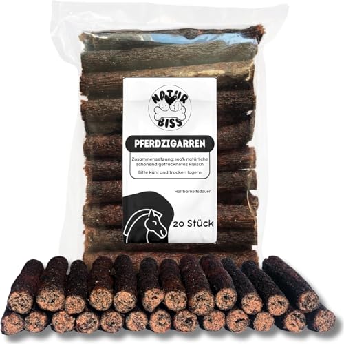 Naturbiss Hundezigarren aus Pferd - 20 Stück (12 cm) - Hypoallergen & Getreidefrei Zigarre - Monoprotein, 98% Muskelfleisch Rollen - luftgetrocknetes Pferdefleisch Hundesnack