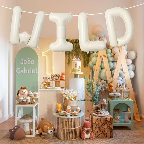 Image of Beige WILD Balloons for Wild One Party Decorations, 40 Inch Cream White Sand WILD Balloon Letters, Ivory Alphabet WILD Balloon for Kids Boys Girls Two Wild Birthday Baby Shower Party Decorations