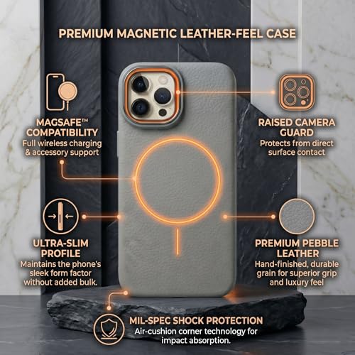Image of amazon basics Luxury MagSafe Compatible Leather Texture Back Cover for iPhone 14 Pro | Raised Camera Protection | Slim Fit Shockproof Case with Metallic Accents (Gray)
