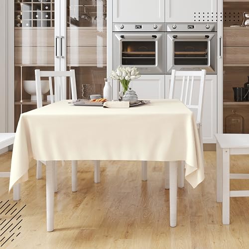 Image of Encasa XO Dining Table Cover Cloth for 4 Seater | 140x140 cm Cotton Canvas Square Table Cloth | Machine Washable Tablecloth for Indoor & Outdoor Use - Natural Solid Color