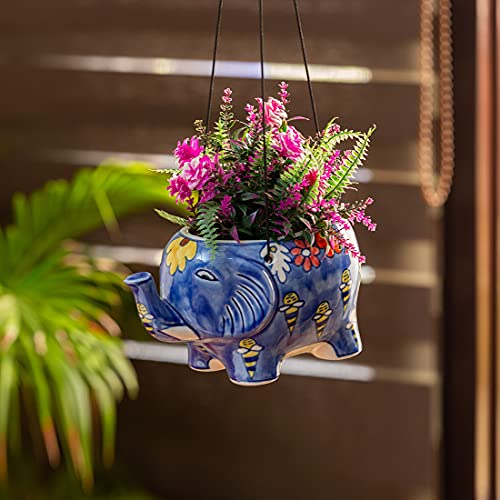 Image of ExclusiveLane 'The Bee Collective' Handpainted Ceramic Hanging Planters for Balcony for Indoor Plants (Blue, 8.9 * 5.3 * 4.9Inch), (L * W * H) = (8.9 * 5.3 * 4.9) Inch (EL-021-131)