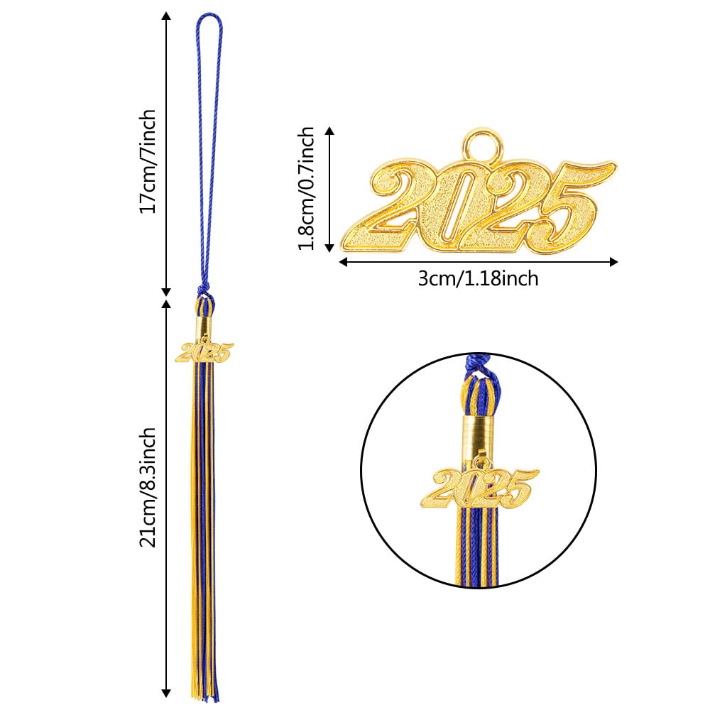 2025 Graduation Tassel Charm and Memorial Cords - Cap Decorations for Class of 2025 School Grad Party - Blue and Gold