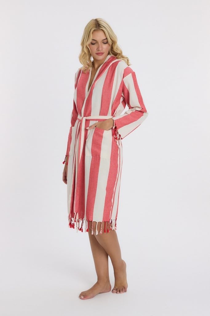 Striped Peştemal Bornoz Banyo ve Plaj Elbisesi Kırmızı L/XL