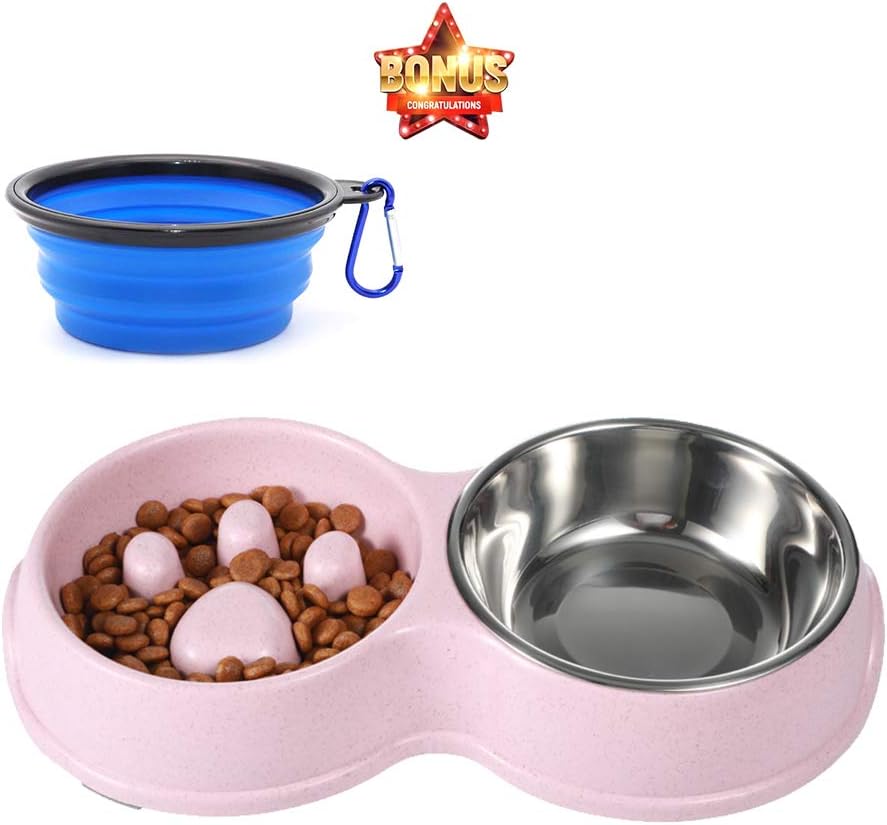 HXN Slow Feeder Dog Bowls with Non-Slip Bottom , Double Cat Dog Feeder Cat Bowl with Detachable Stainless Steel Bowl, Dog Food and Water…