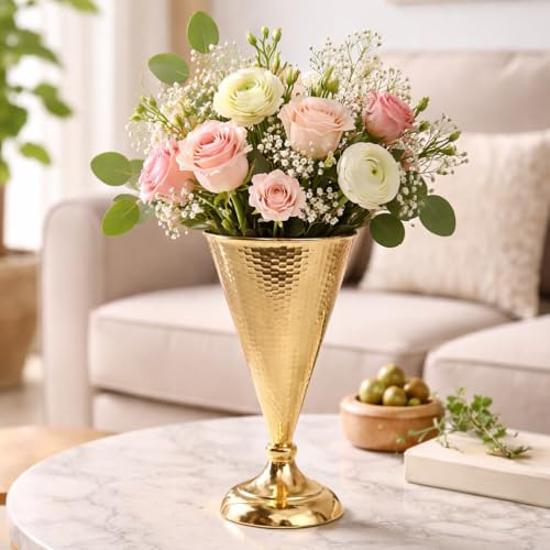 Image of French Gold Hammered Metal Cone Flower Vase, 26cm, Pedestal Base, for Event Decor, Home & Office Centerpiece Gift - Flowers are not Included