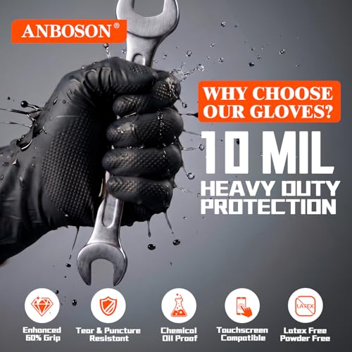 Image of 10 Mil Heavy Duty Mechanic Nitrile Gloves, Black Large 1000 Count | Diamond Grip, Latex Free Disposable Chemical Resistant Rubber Gloves for Industrial,Workshops, Auto Repair,Janitorial,Food