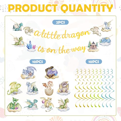 Image of Dragon Baby Shower Decorations Include A Little Dragon is On The Way Banner and Hanging Swirls Dragon Theme Party Supplies