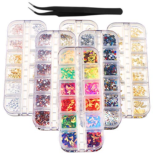 Joyfay 6 Boxes Nail Art Rhinestones Kit 4116 Pieces Beads Luxurious Nail Crystals Nail Studs and Tweezers, Multicolor Nail Studs Rhinestones for Nail Art Decorations 3D Beads Diamonds Flat Bottom