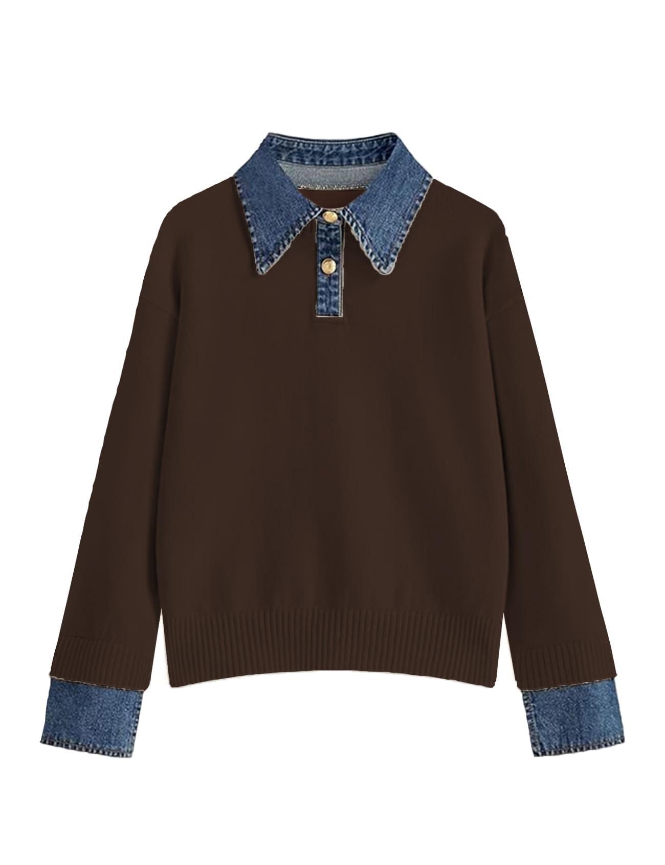 hathne Womens Oversized Polo Sweater Button Up Denim Lapel Pullover Sweater Long Sleeve Collared Knit Top